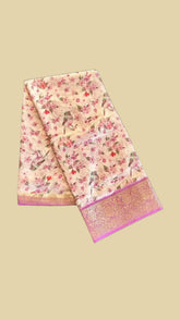Helio Violet Floral and Bird Pattern with Gold Brocade Traditional Border Fancy Georgette Saree